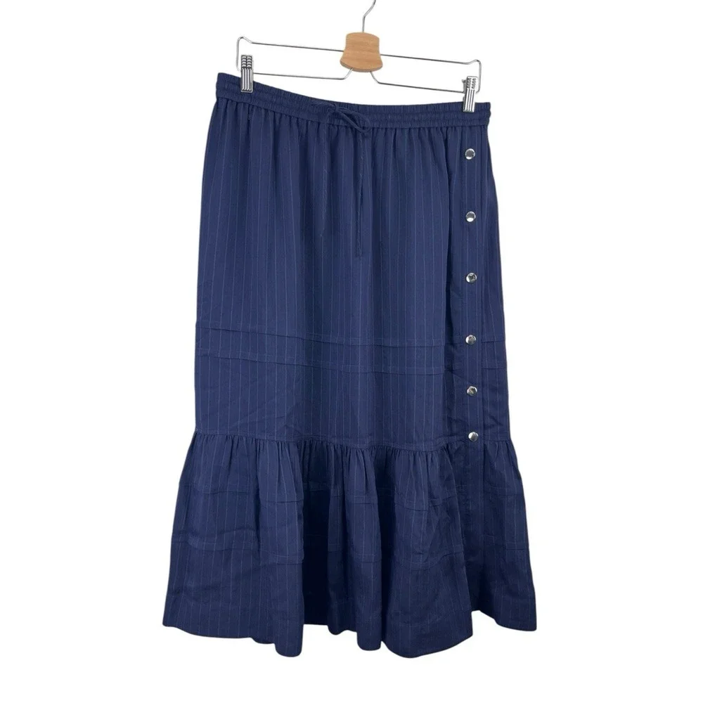 NWT Coach Stripe Tiered Skirt Sz 10 Navy Blue Midi Pinstripe Snap Preppy Coastal